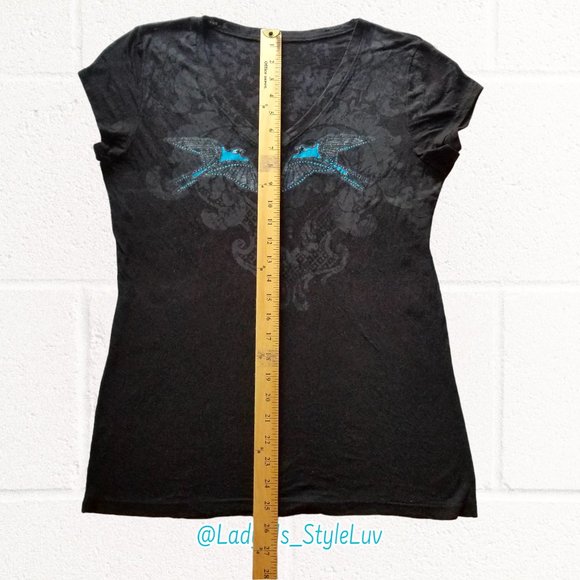 Tshirt Black Semi-sheer Slub-Knit Blue Swallows by Artist Andrea Courchene XXL - Picture 5 of 7